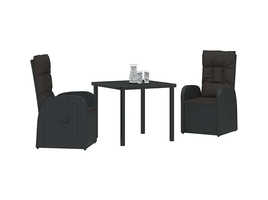 Set de jardin de 3 pièces avec coussins en poly rattan noire