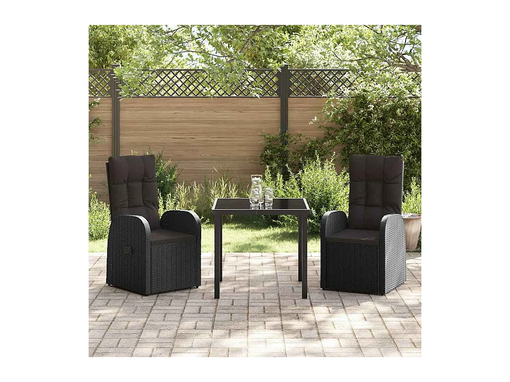 Set de jardin de 3 pièces avec coussins en poly rattan noire