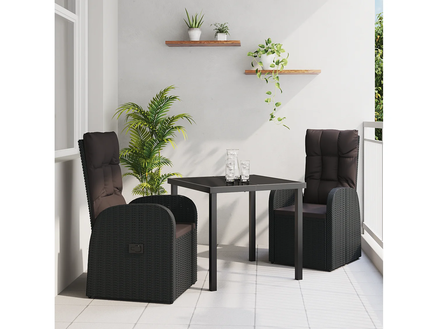 Set de jardin de 3 pièces avec coussins en poly rattan noire