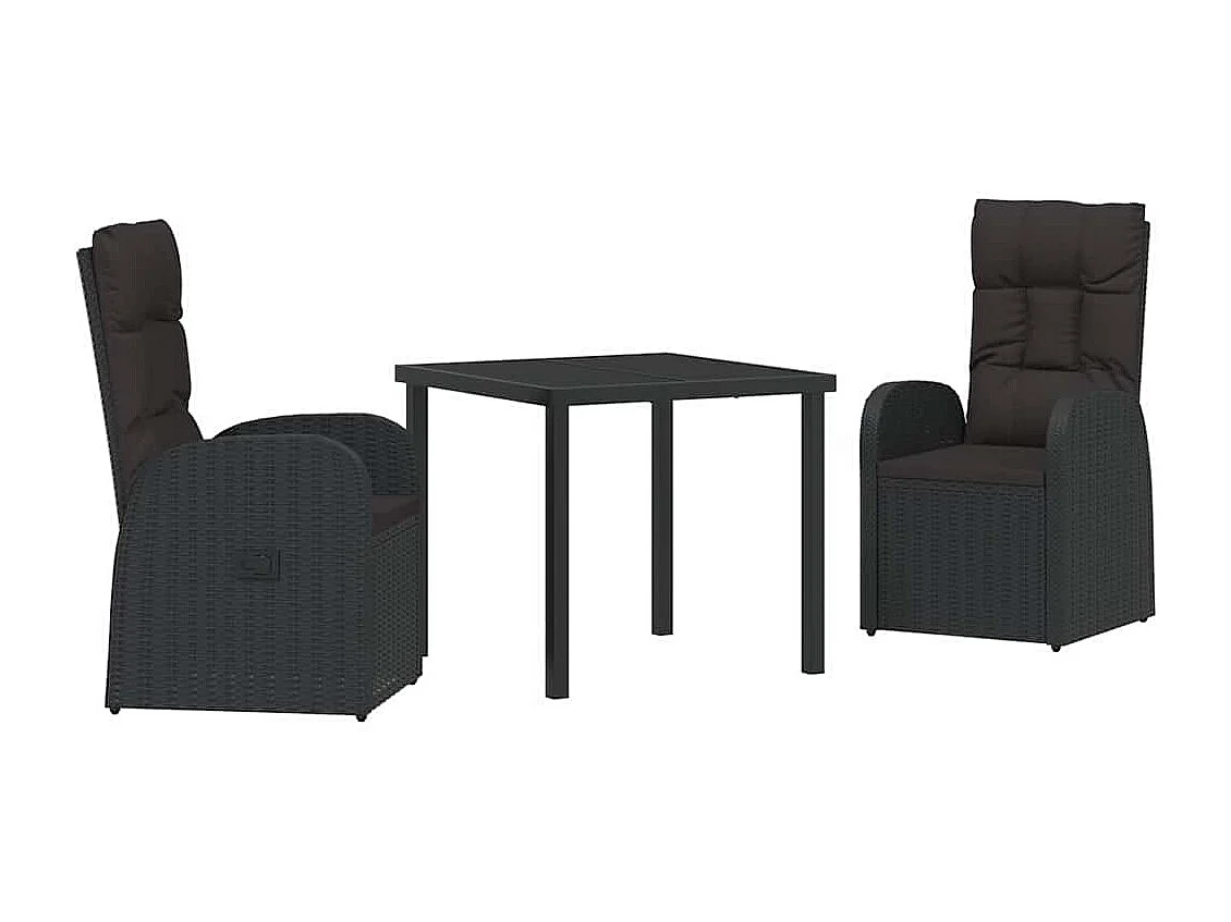 Set de jardin de 3 pièces avec coussins en poly rattan noire