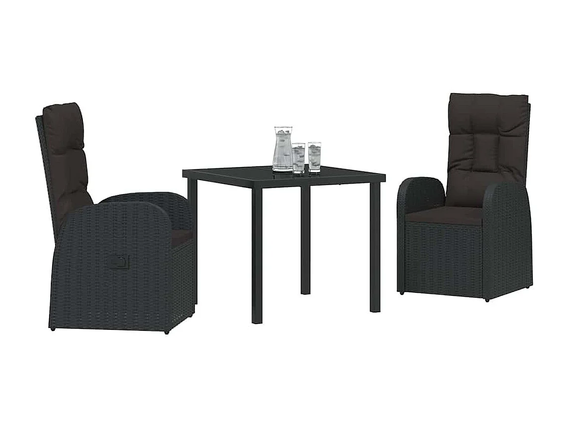 Set de jardin de 3 pièces avec coussins en poly rattan noire