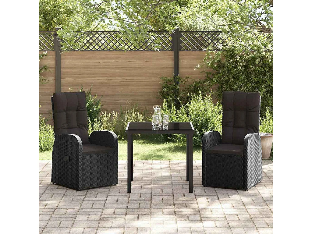Set de jardin de 3 pièces avec coussins en poly rattan noire