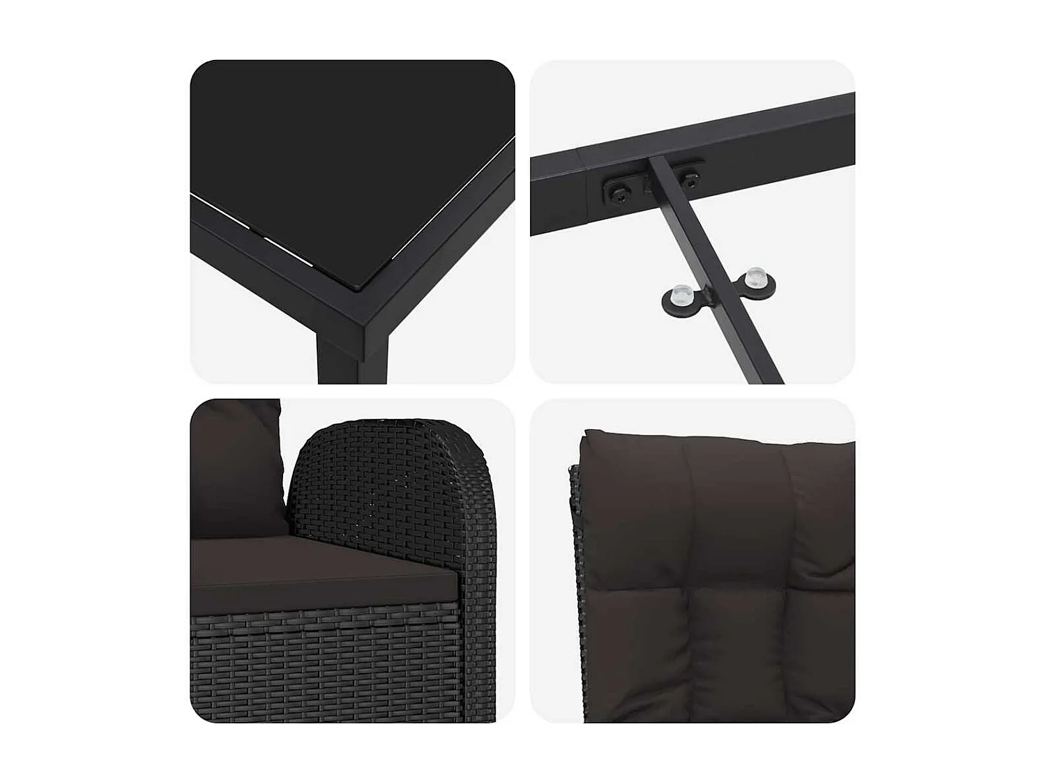 Set de jardin de 3 pièces avec coussins en poly rattan noire