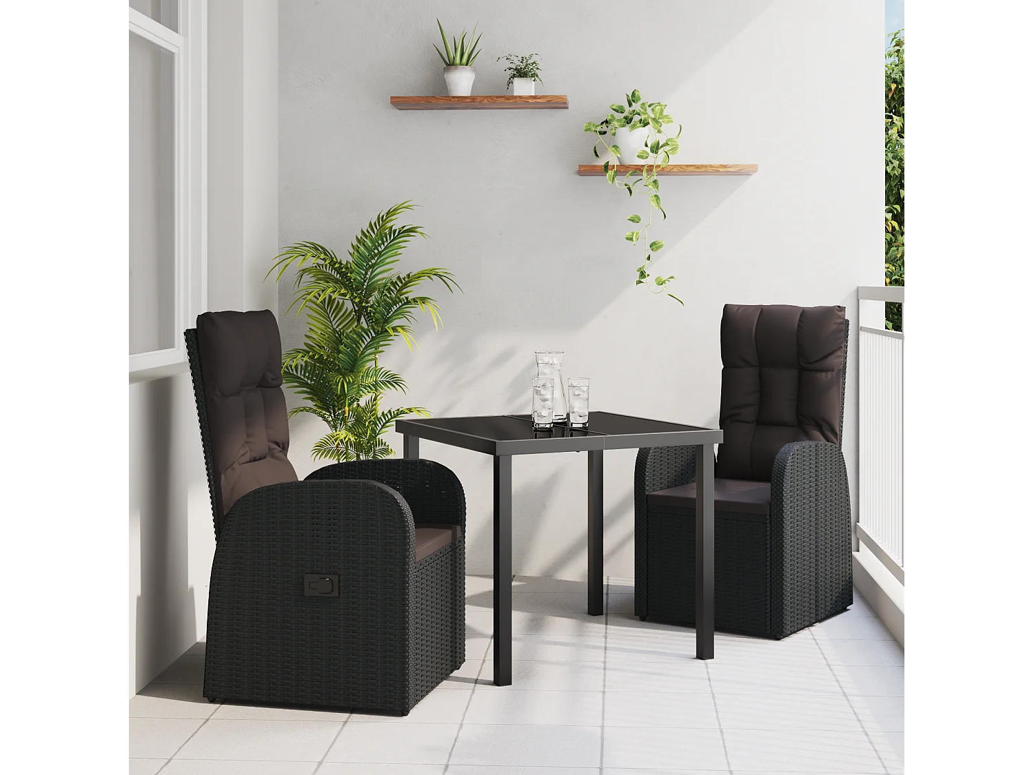 Set de jardin de 3 pièces avec coussins en poly rattan noire