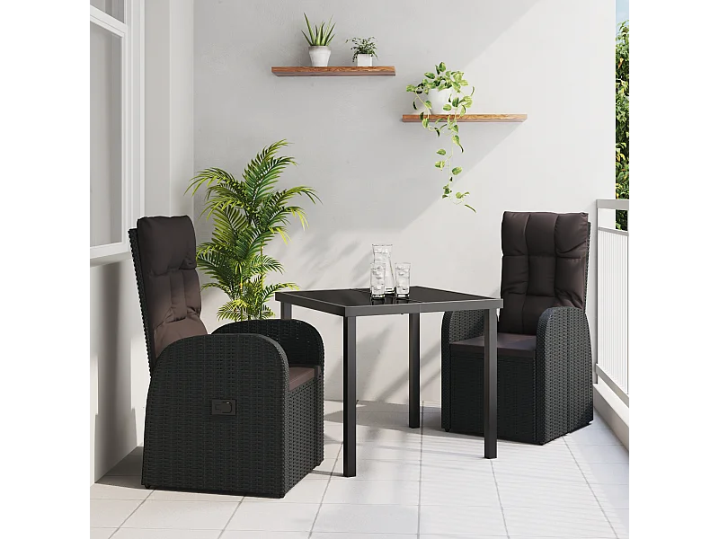 Set de jardin de 3 pièces avec coussins en poly rattan noire
