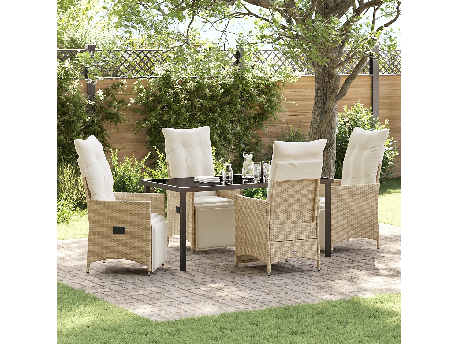 Ensemble de salle à manger de jardin de 5 pièces avec coussins en Beige Poly Rattan