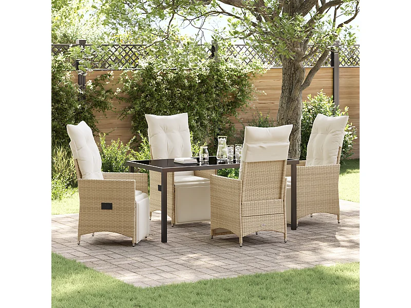Ensemble de salle à manger de jardin de 5 pièces avec coussins en Beige Poly Rattan