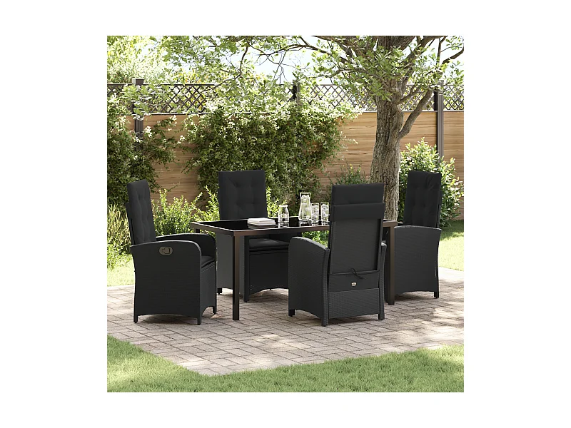 Set da pranzo da giardino 5 pezzi con cuscini in polyrattan nero