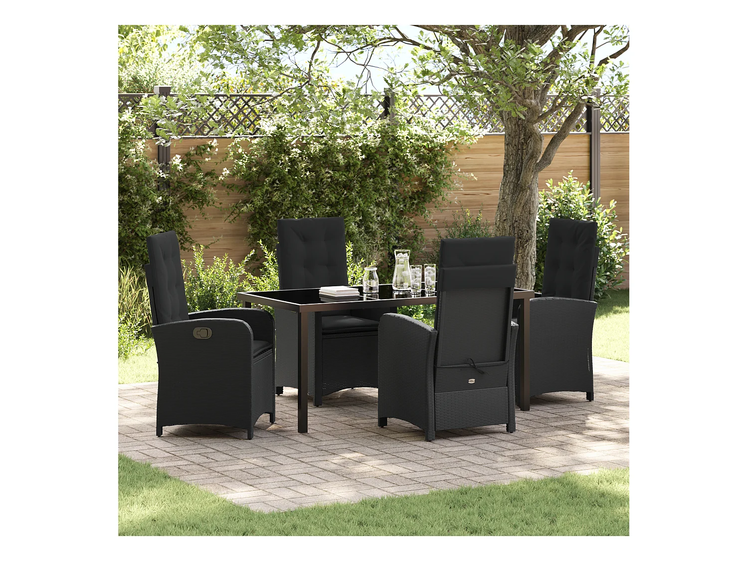 Set da pranzo da giardino 5 pezzi con cuscini in polyrattan nero