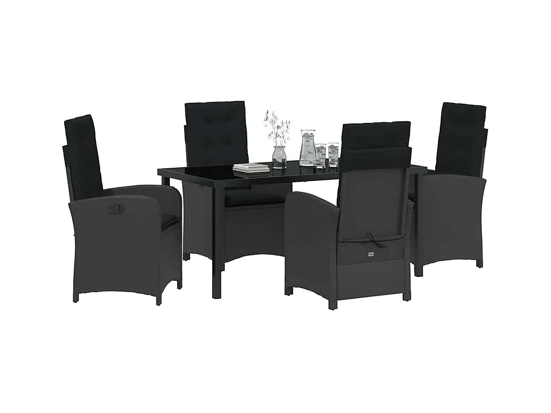 Set da pranzo da giardino 5 pezzi con cuscini in polyrattan nero