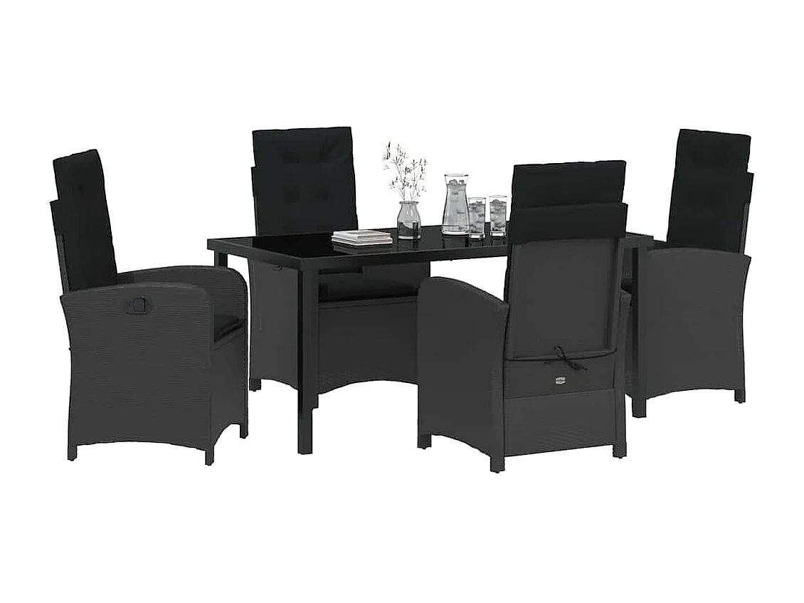 Set da pranzo da giardino 5 pezzi con cuscini in polyrattan nero