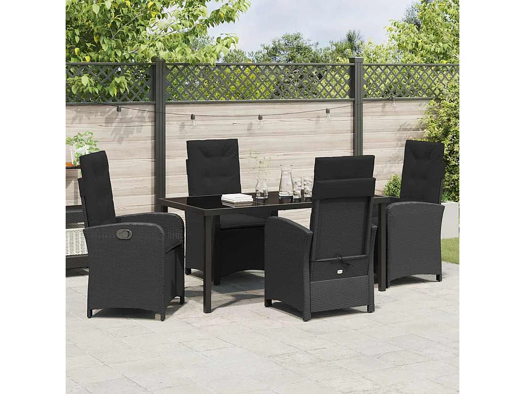 Set da pranzo da giardino 5 pezzi con cuscini in polyrattan nero