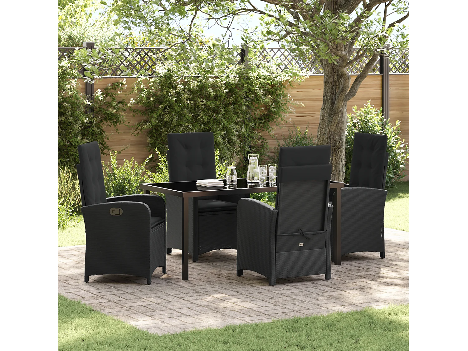 Set da pranzo da giardino 5 pezzi con cuscini in polyrattan nero