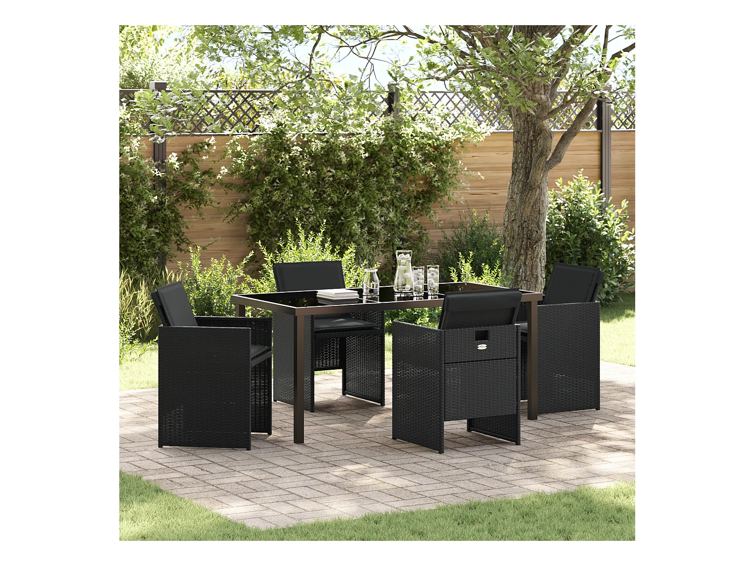 Set da pranzo da giardino 5 pezzi con cuscini in polyrattan nero