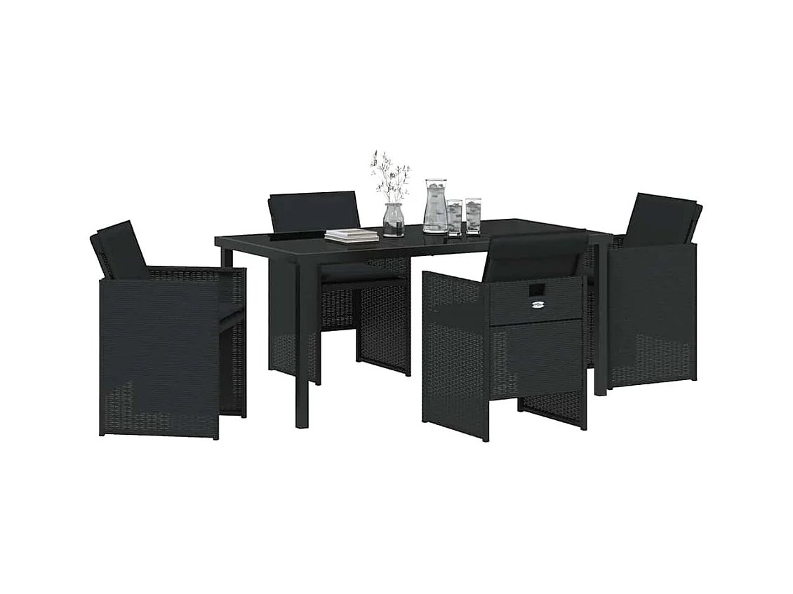 Set da pranzo da giardino 5 pezzi con cuscini in polyrattan nero