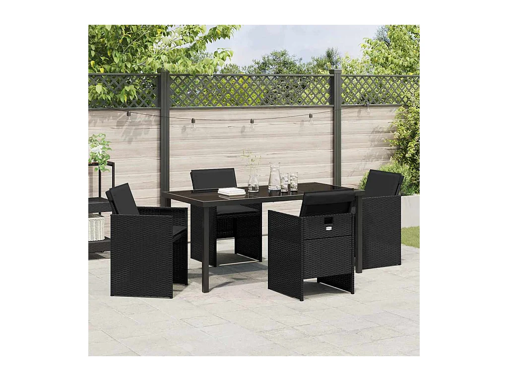 Set da pranzo da giardino 5 pezzi con cuscini in polyrattan nero