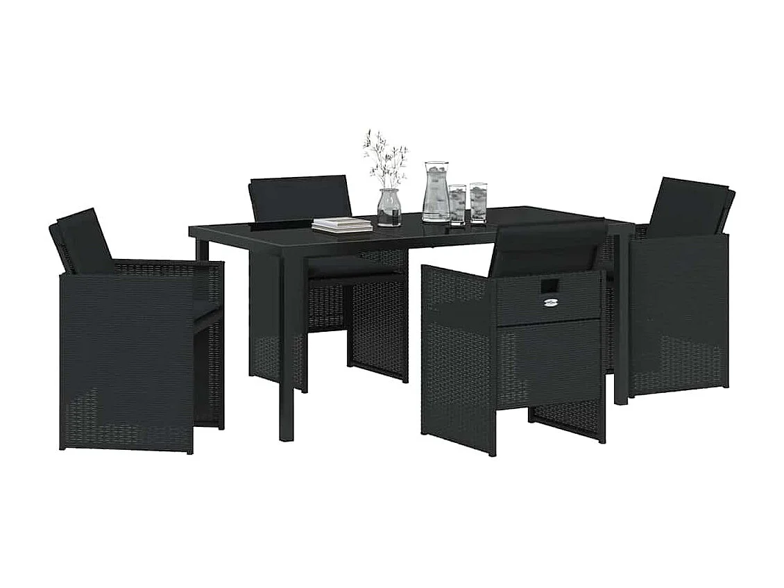 Ensemble de repas de jardin 5 pièces avec coussins en Rattan Poly noir