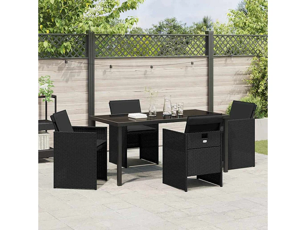 Ensemble de repas de jardin 5 pièces avec coussins en Rattan Poly noir