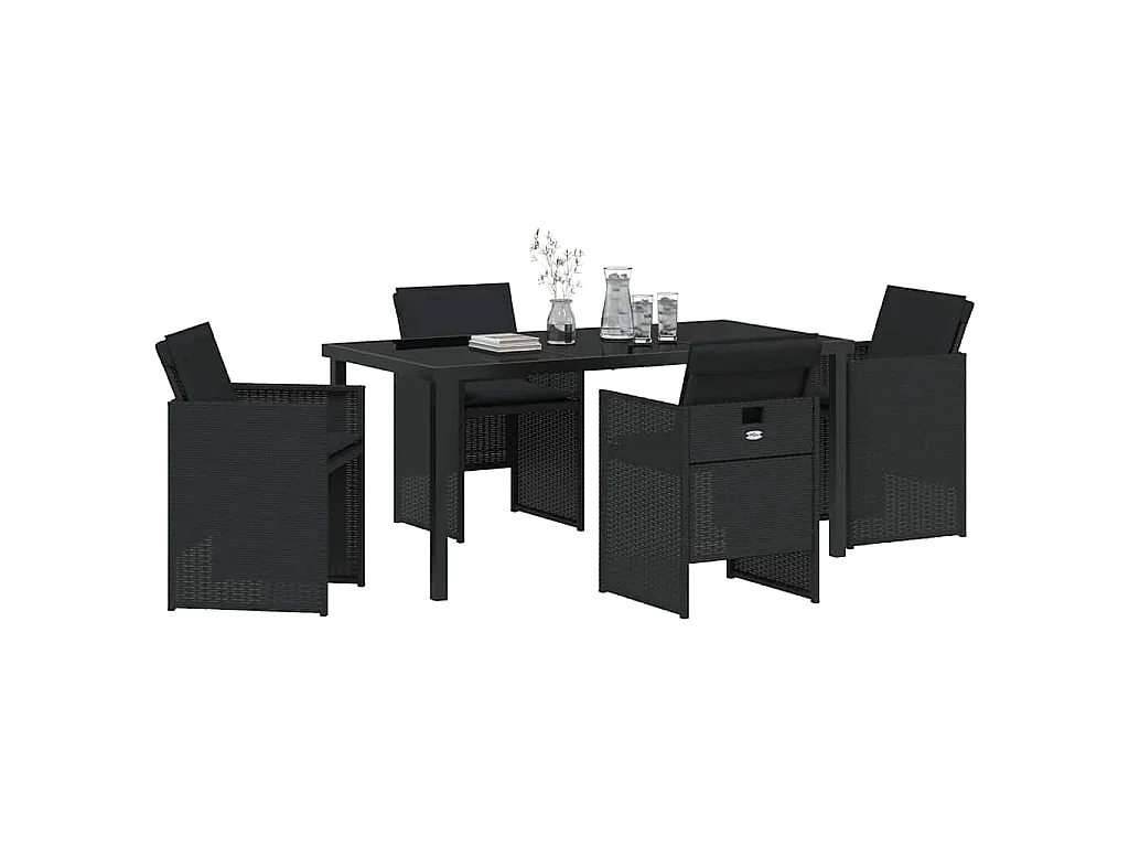 Juego de comedor de jardín de 5 piezas con cojines de ratán sintético negro