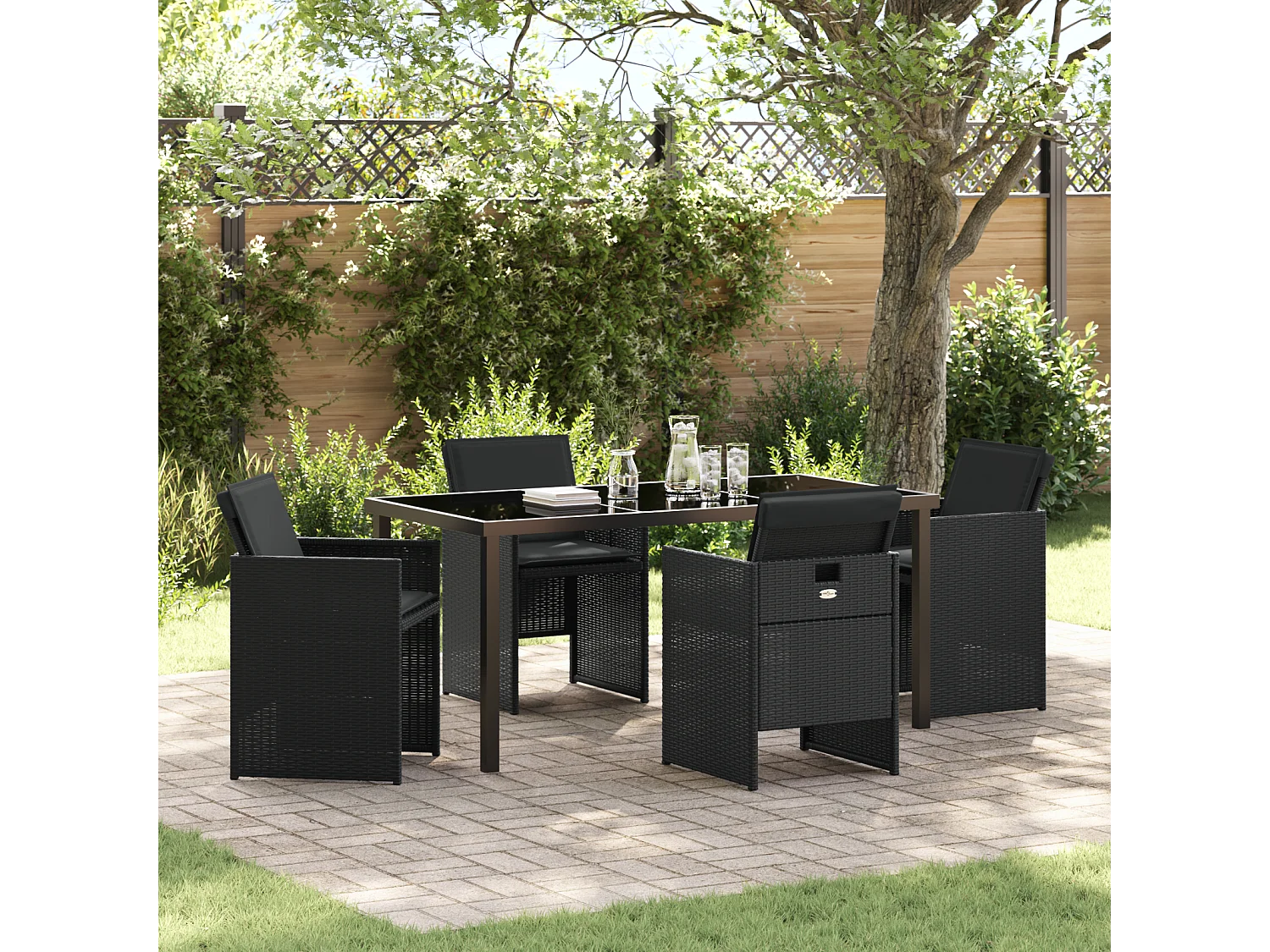 Ensemble de repas de jardin 5 pièces avec coussins en Rattan Poly noir