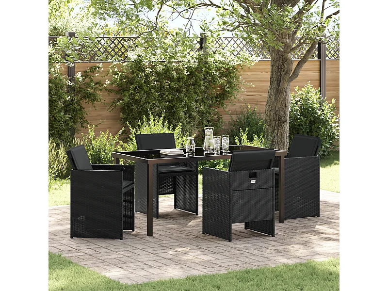 Set da pranzo da giardino 5 pezzi con cuscini in polyrattan nero