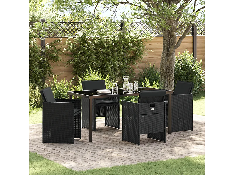 Ensemble de repas de jardin 5 pièces avec coussins en Rattan Poly noir
