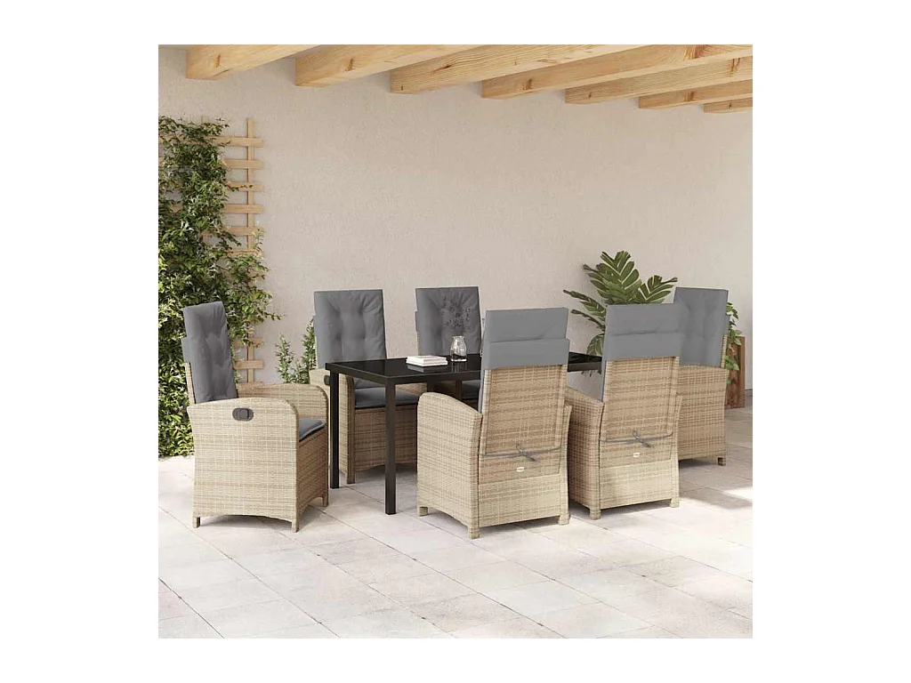 Ensemble de salle à manger de jardin de 7 pièces avec coussins beige en rattan synthétique