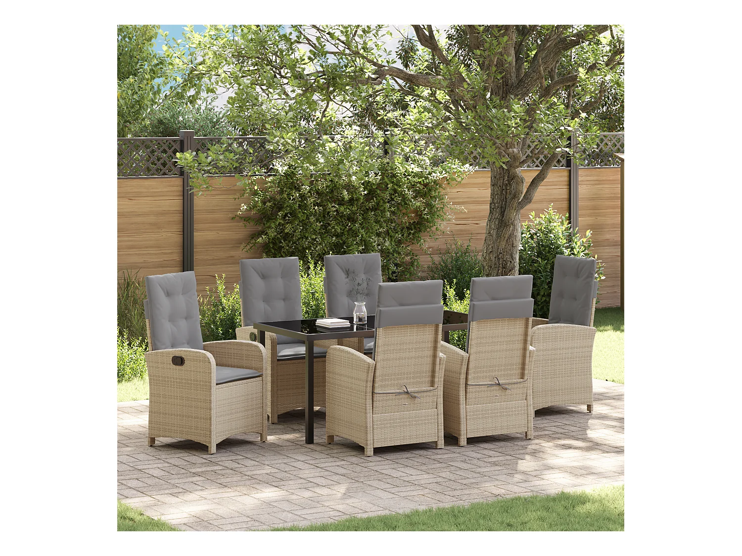 7-delige tuinset met beige kussens van synthetisch rotan