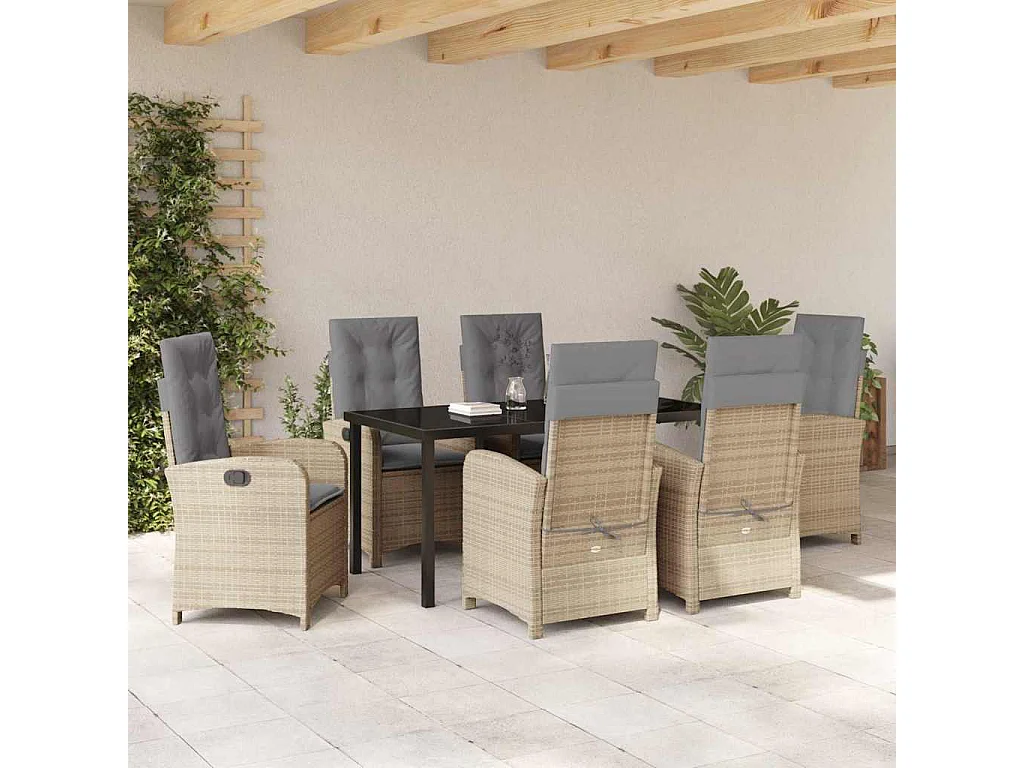 Ensemble de salle à manger de jardin de 7 pièces avec coussins beige en rattan synthétique