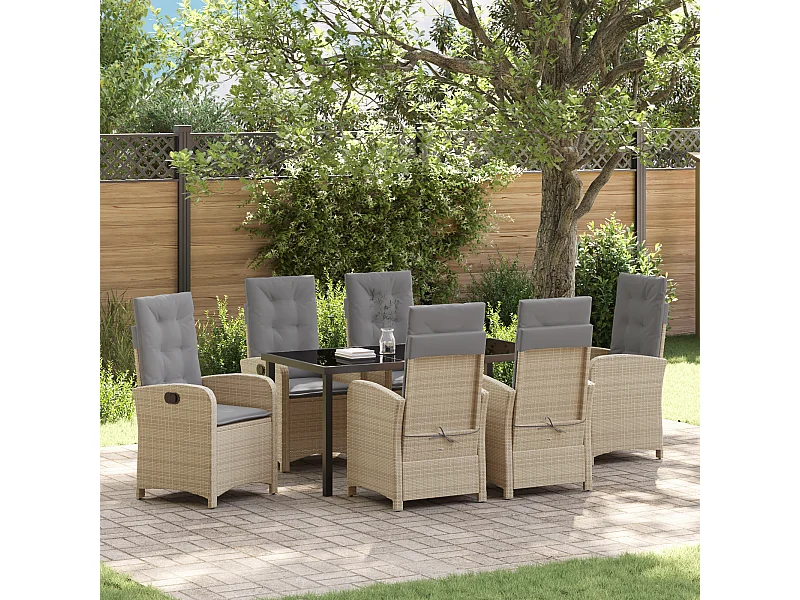 Ensemble de salle à manger de jardin de 7 pièces avec coussins beige en rattan synthétique