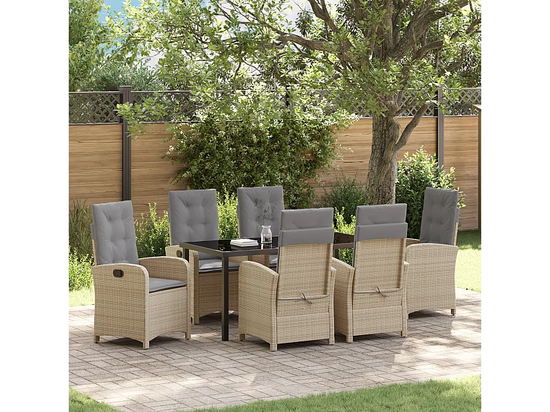 Ensemble de salle à manger de jardin de 7 pièces avec coussins beige en rattan synthétique