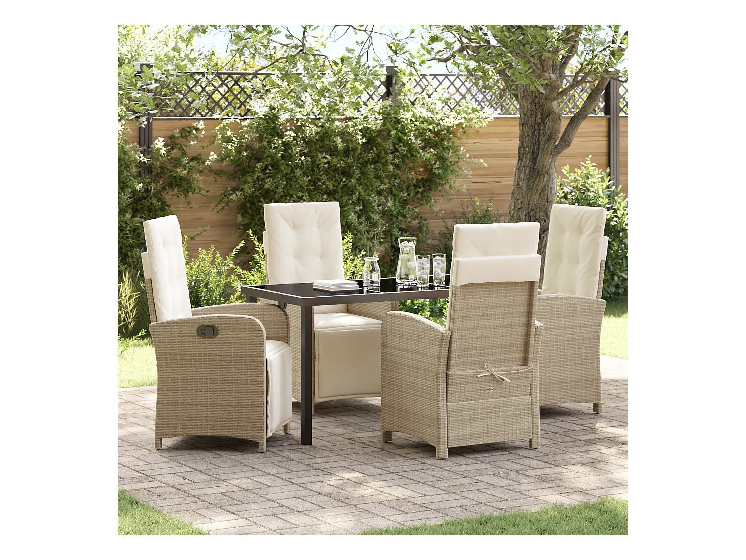 Set de salle à manger jardin 5 pièces avec coussins beige en poly rotin
