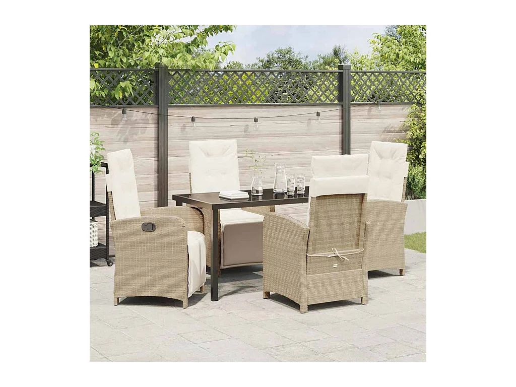 Set de salle à manger jardin 5 pièces avec coussins beige en poly rotin