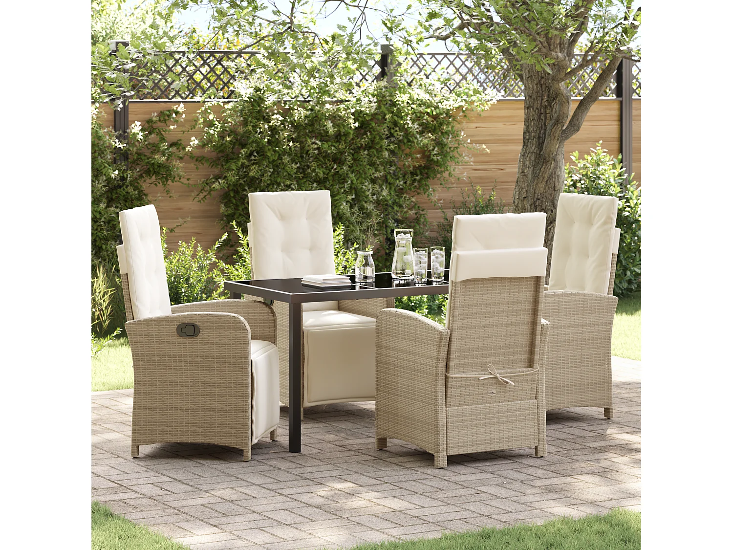 Set de salle à manger jardin 5 pièces avec coussins beige en poly rotin