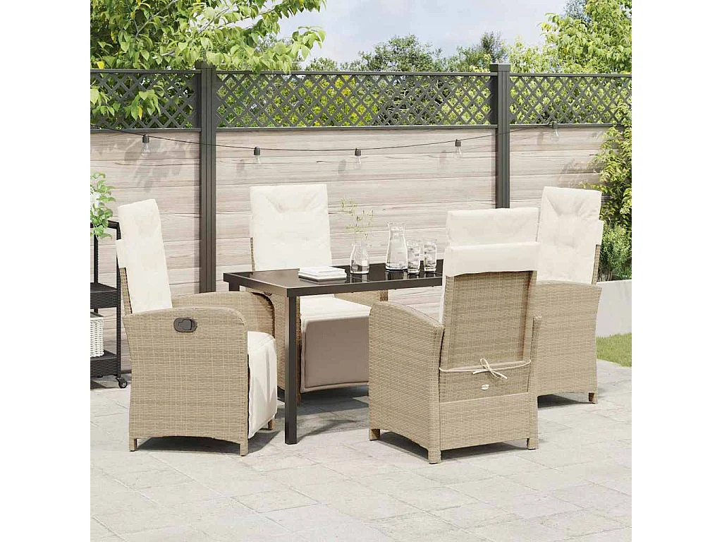 Set de salle à manger jardin 5 pièces avec coussins beige en poly rotin