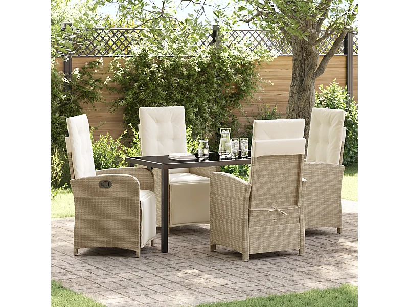 Set de salle à manger jardin 5 pièces avec coussins beige en poly rotin