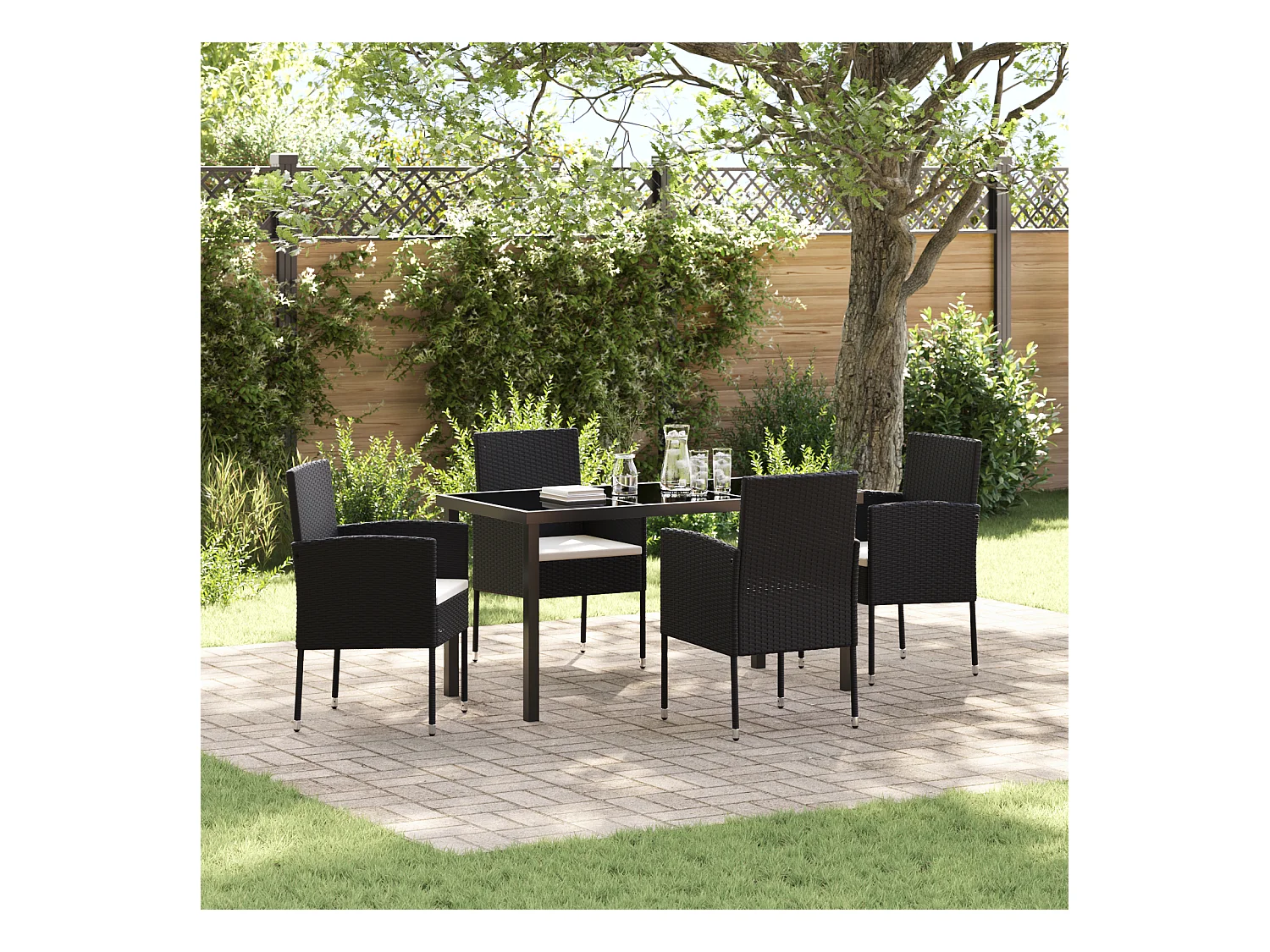 Ensemble de salle à manger de jardin de 5 pièces avec coussins Noir Rattan Poly