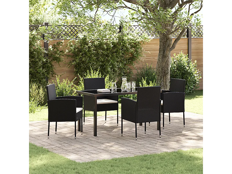 Ensemble de salle à manger de jardin de 5 pièces avec coussins Noir Rattan Poly