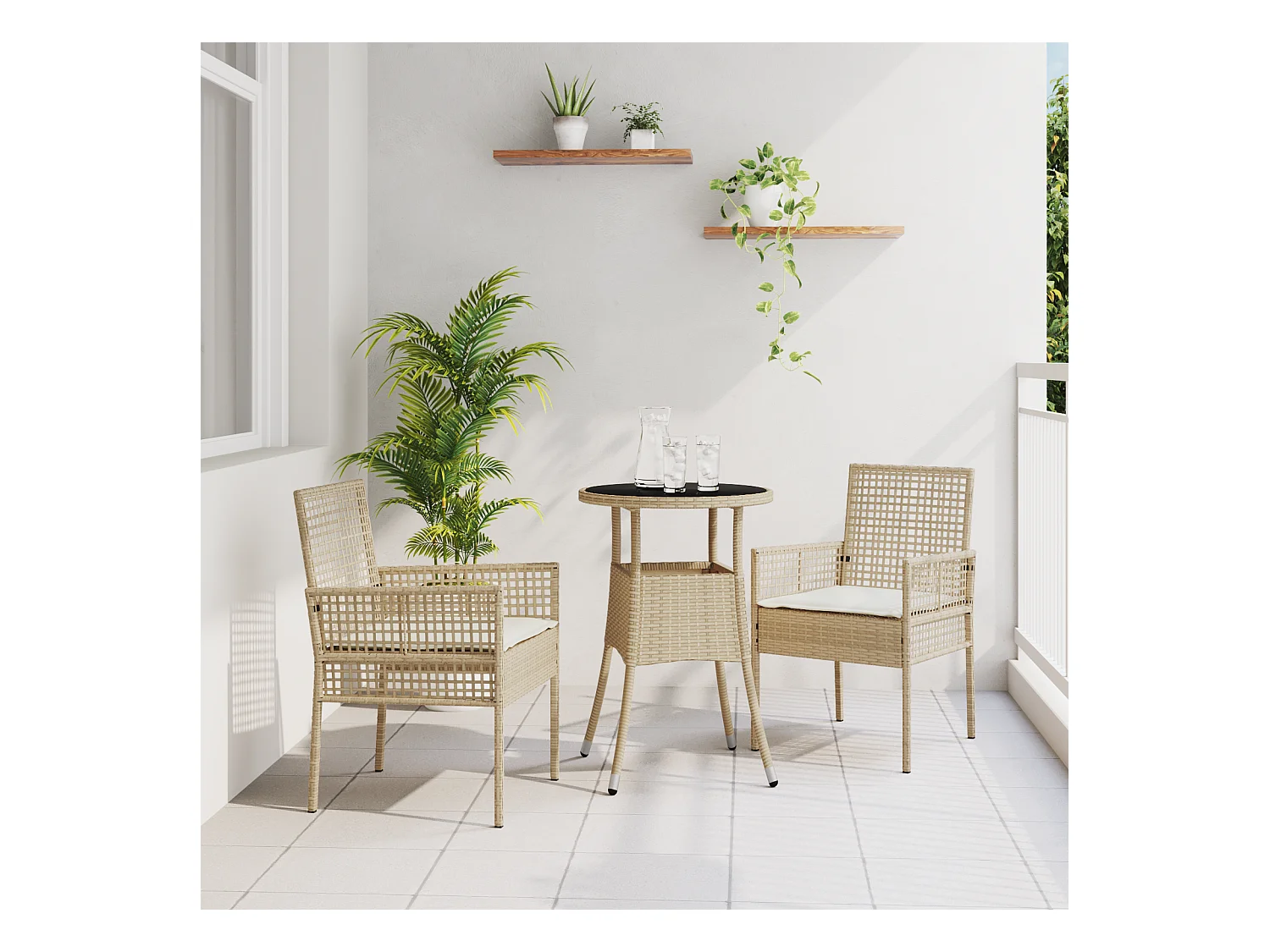 Ensemble de Dîner de Jardin de 3 Pièces en Rotin Beige