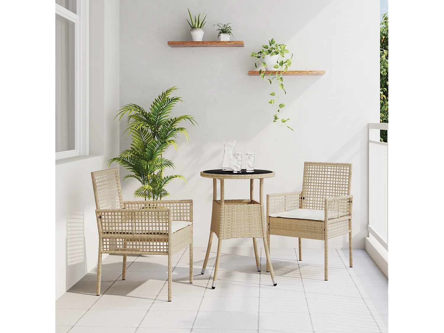 Ensemble de Dîner de Jardin de 3 Pièces en Rotin Beige