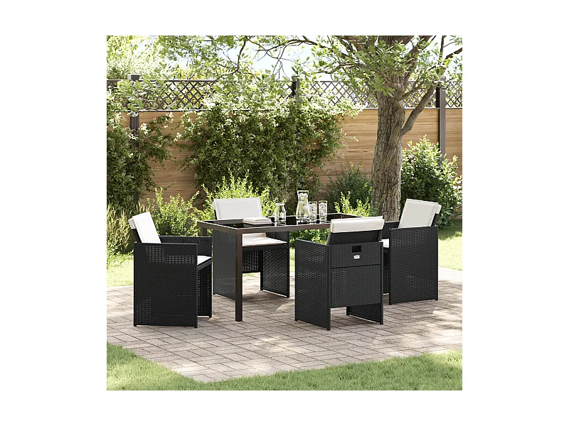 Ensemble de salle à manger de jardin 5 pièces avec coussins en poly rattan noir