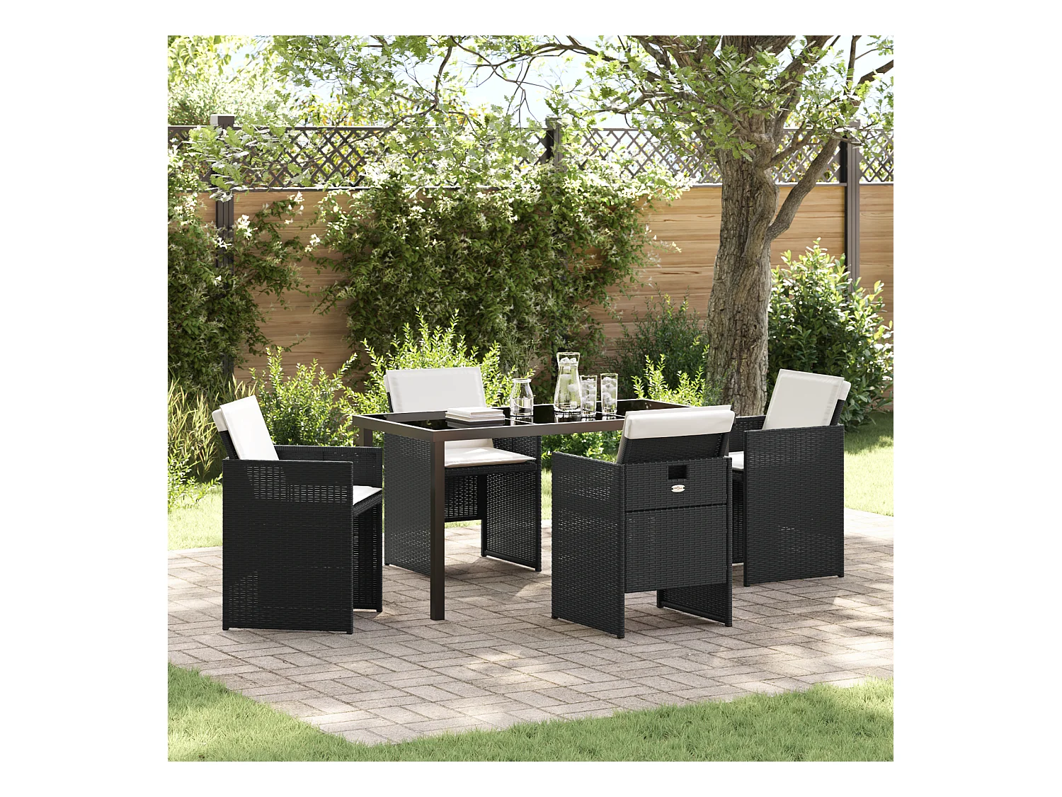 Set da pranzo da giardino 5 pezzi con cuscini in polyrattan nero