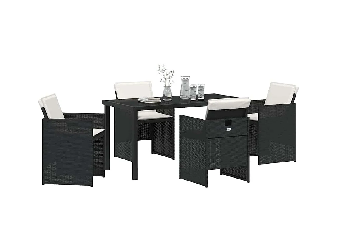 Set da pranzo da giardino 5 pezzi con cuscini in polyrattan nero