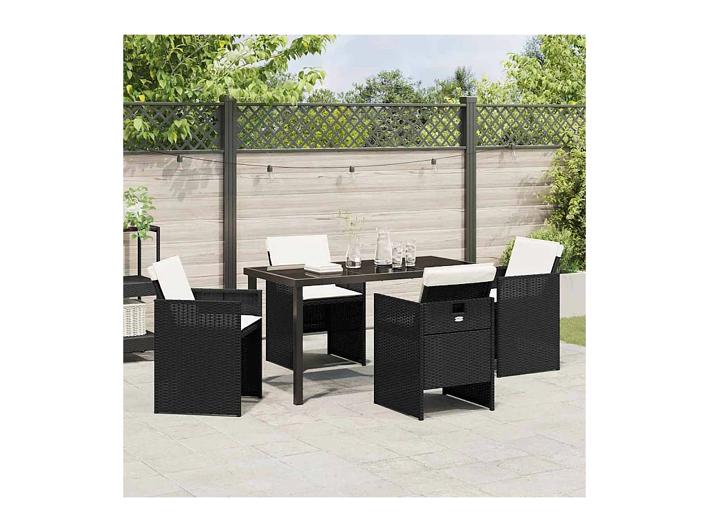 Set da pranzo da giardino 5 pezzi con cuscini in polyrattan nero