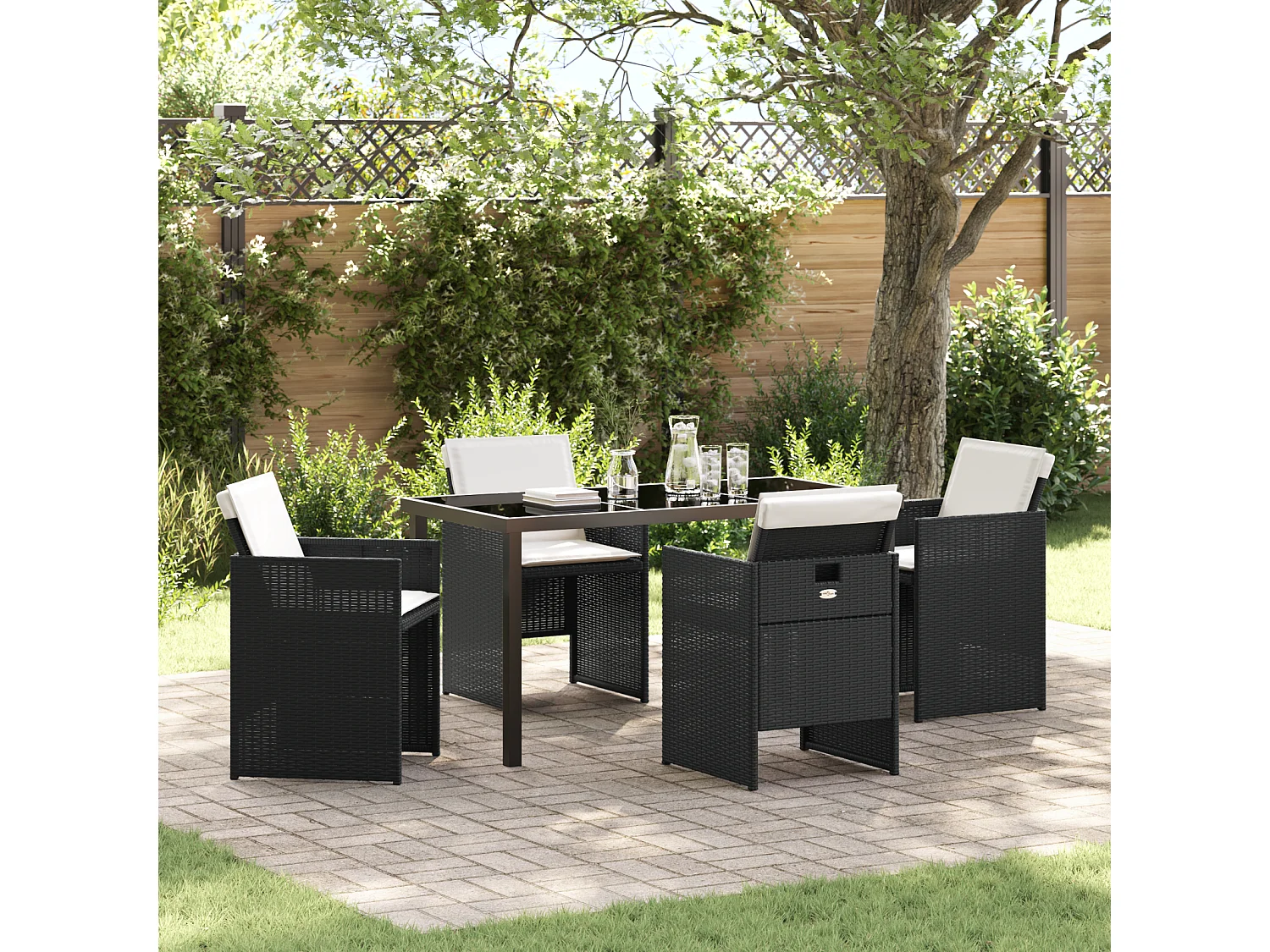 5-delige tuinset met zwarte polyrotan kussens