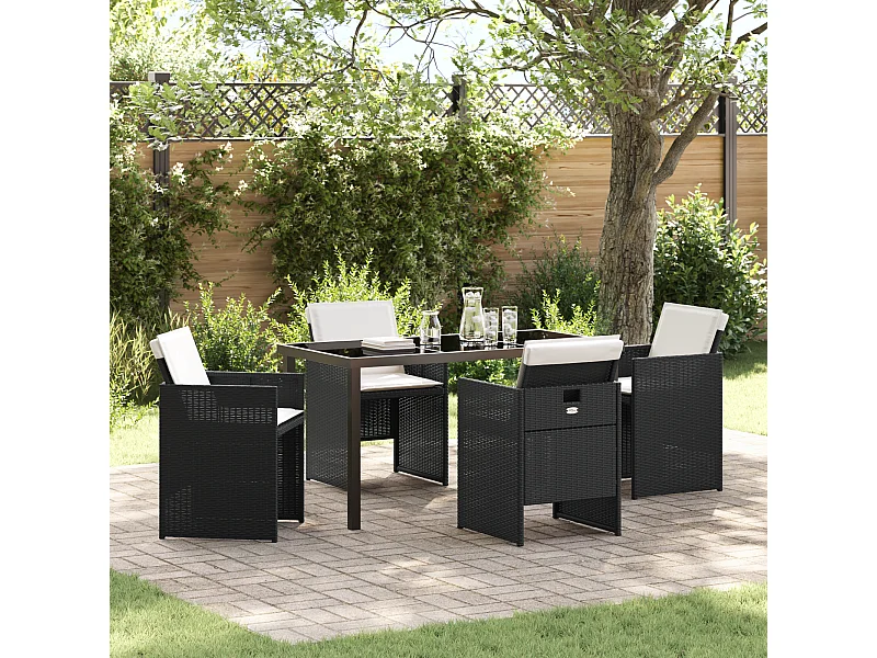 5-delige tuinset met zwarte polyrotan kussens