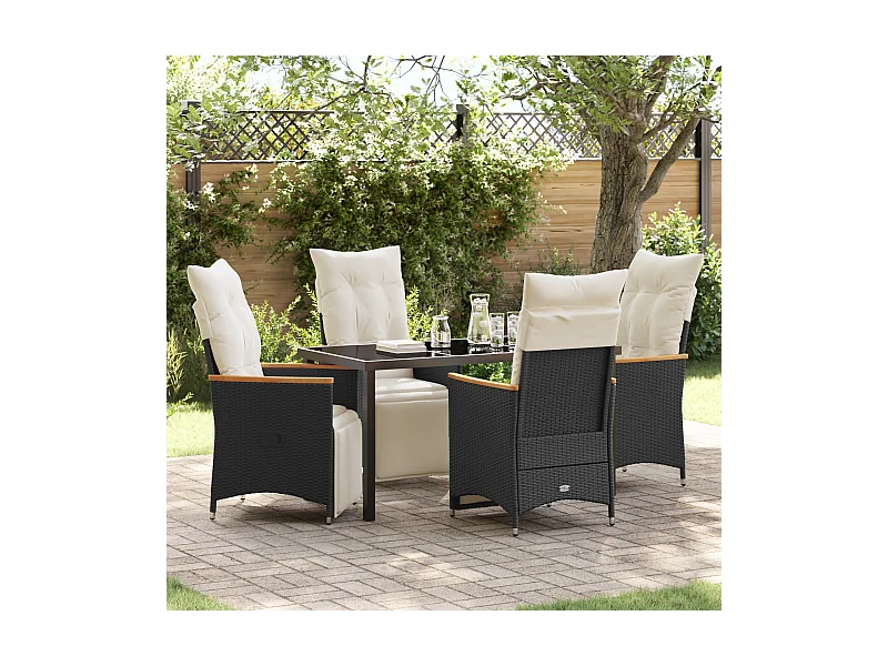 Set da pranzo da giardino 5 pezzi con cuscini in polyrattan nero