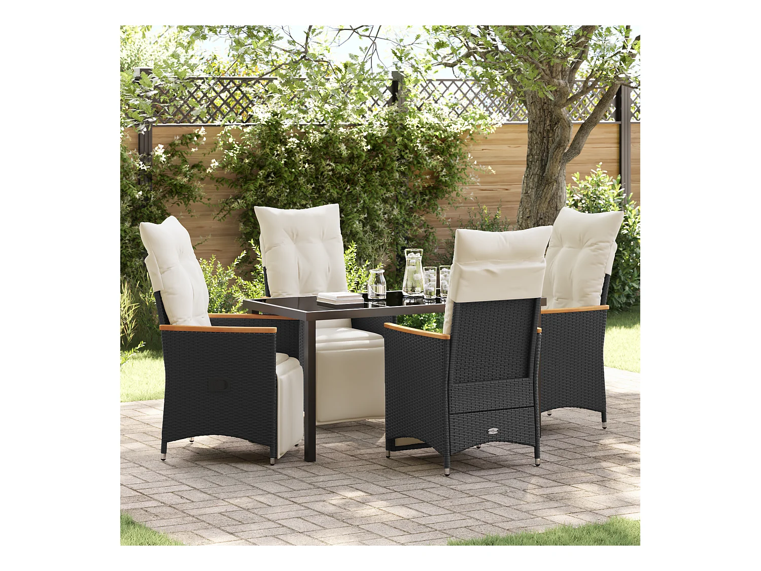 Set da pranzo da giardino 5 pezzi con cuscini in polyrattan nero