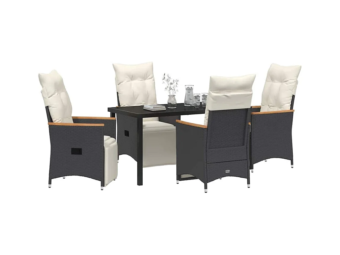 Set da pranzo da giardino 5 pezzi con cuscini in polyrattan nero