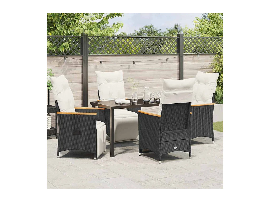 Set da pranzo da giardino 5 pezzi con cuscini in polyrattan nero